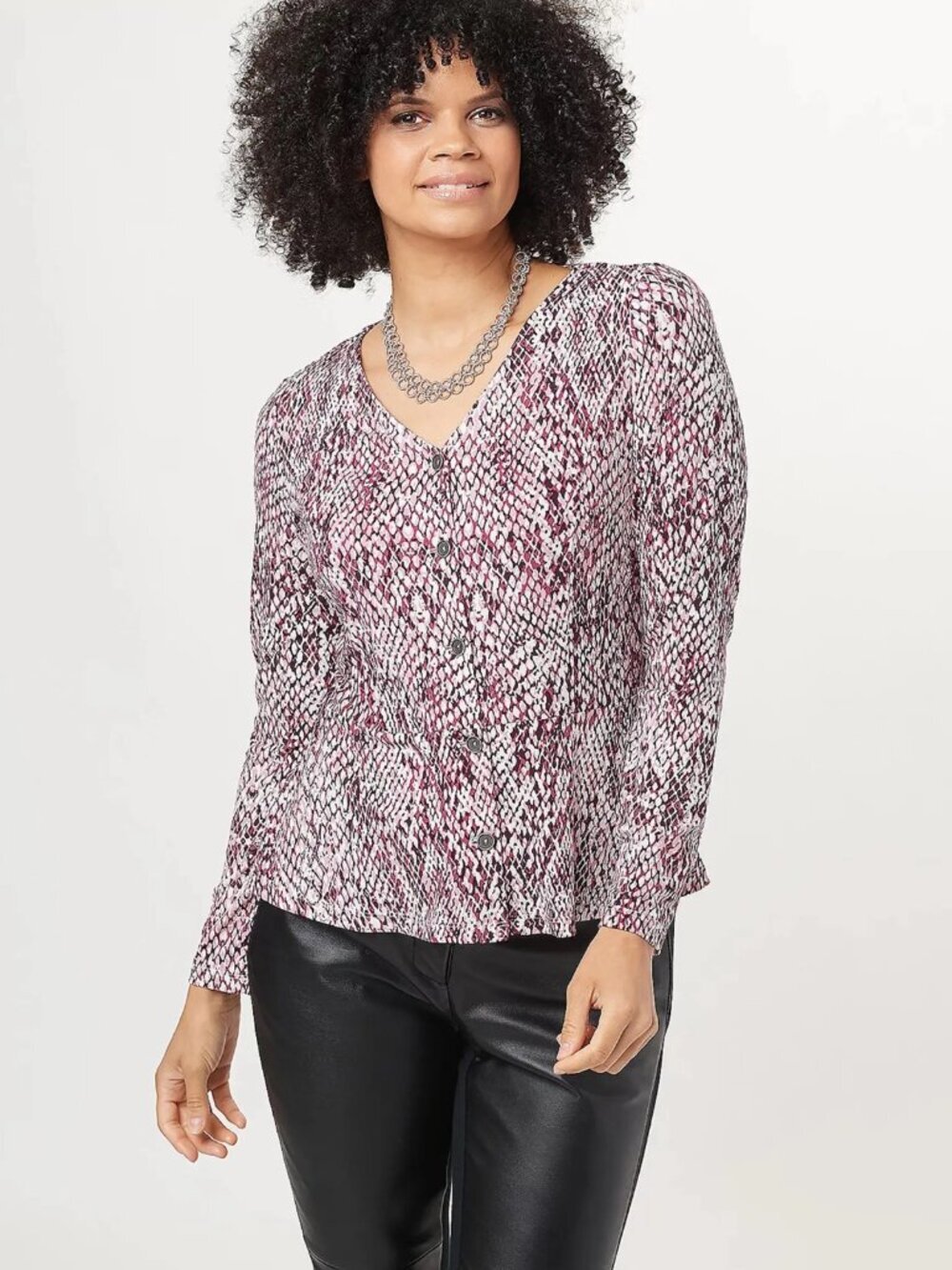 Susan Graver Animal Print Liquid Knit Button Front Peplum Top Size 1X